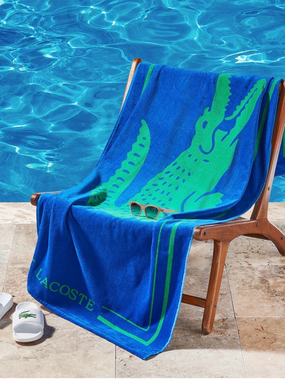 Lacoste Royal Blue Beach Towel with Green Crocodile Motif